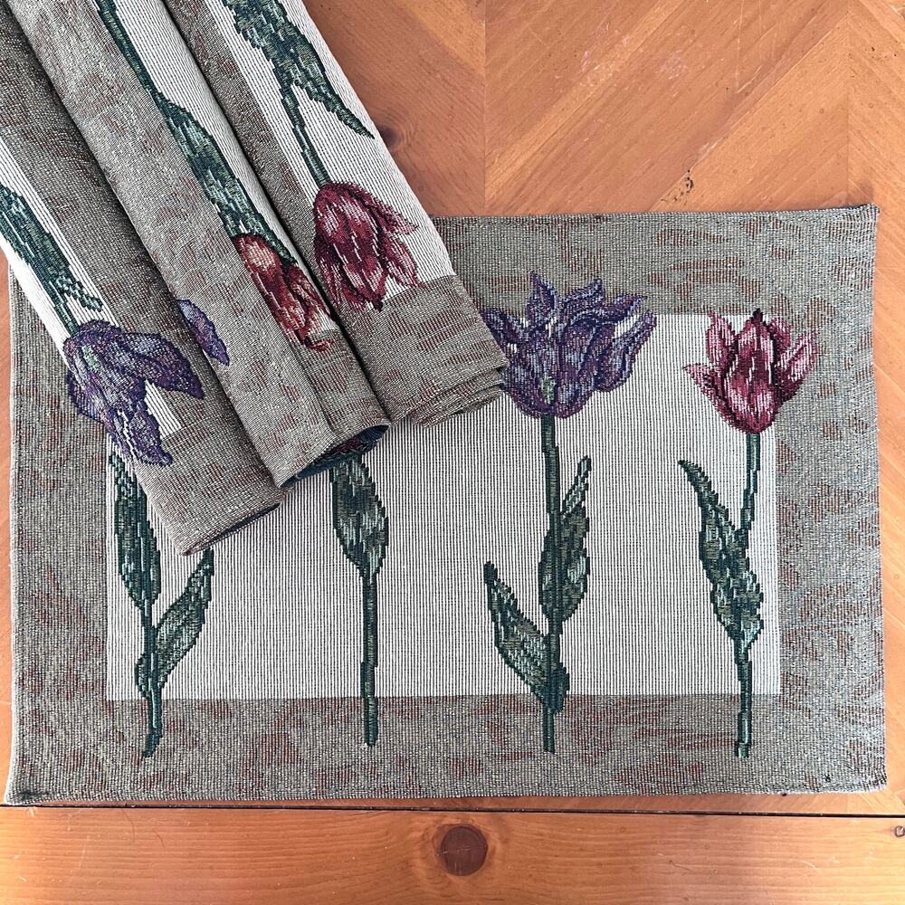 Set of 4 Tapestry Woven Spring Flower Tulip Placemats 19x13" Cottage Vintage 90s